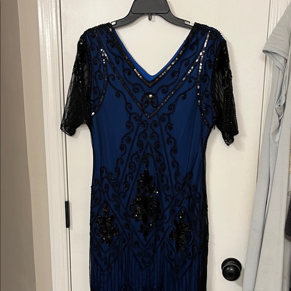Elegant Blue and Black Beaded Dress